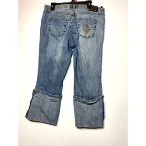 Baby Phat Womens Y2K Denim Capri Jeans Medium Wash Embroidered Cat Logo Size 18